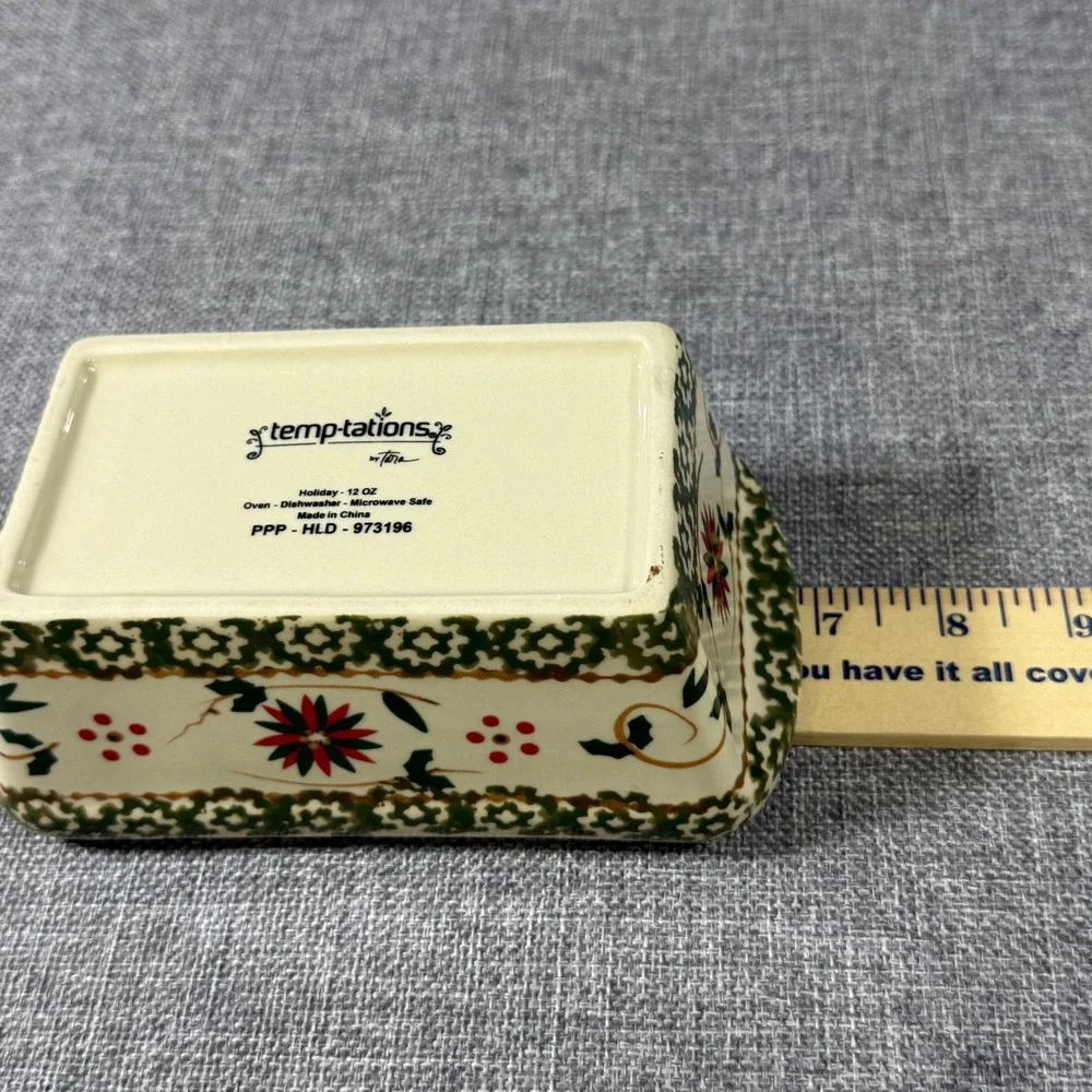 Temp-tations Holiday Mini Loaf Pan Small Green Red Floral Christmas 12oz Ceramic